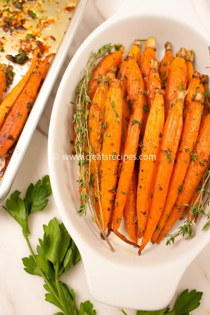 Honey Roasted Carrots in a baking dish.