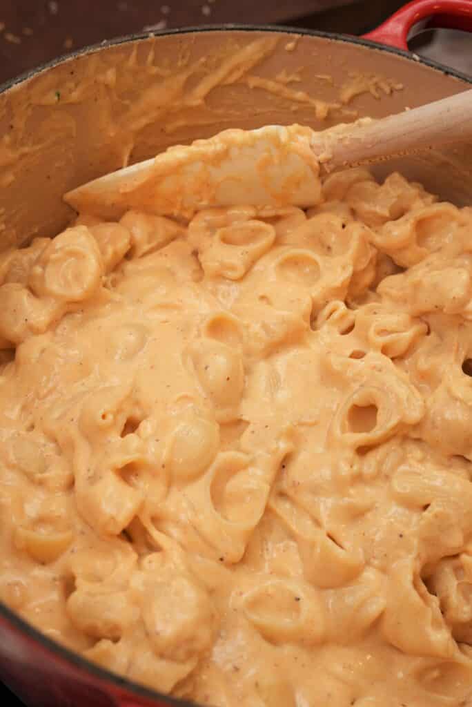 mac and cheese mixed with sauce