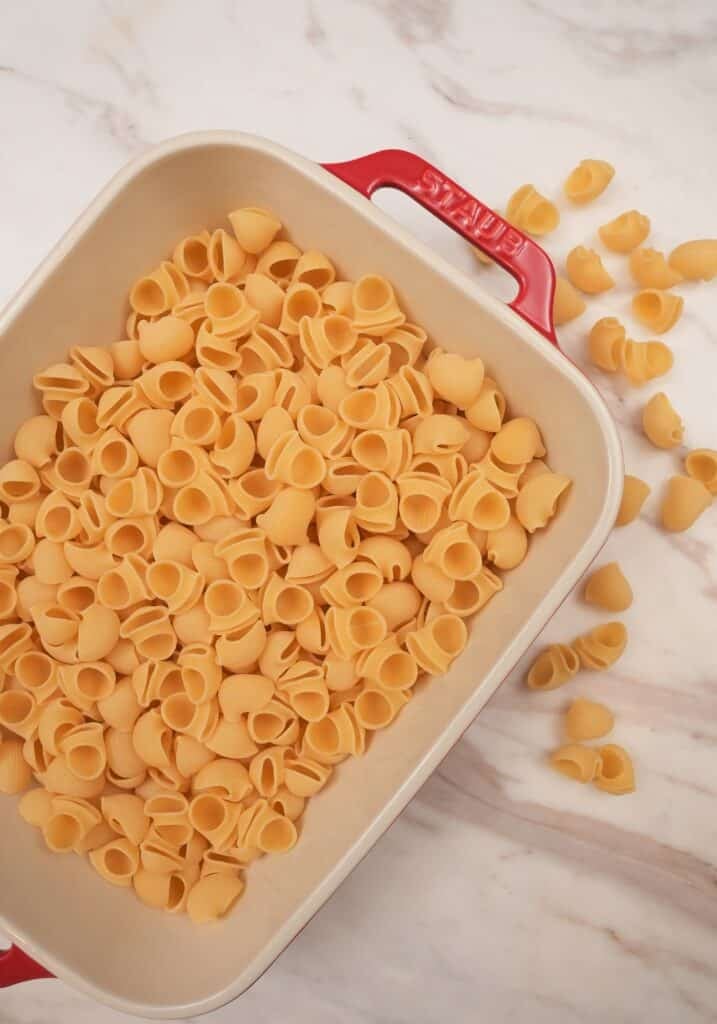 short tubed pasta in a baking dish