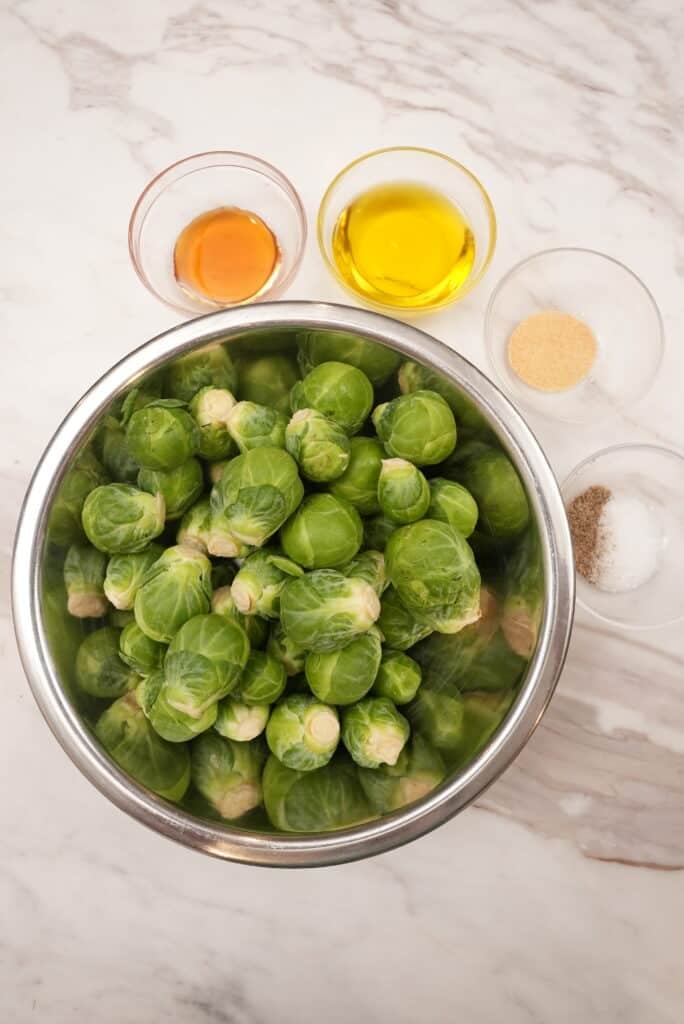 raw ingredients for roasted brussels sprouts top down