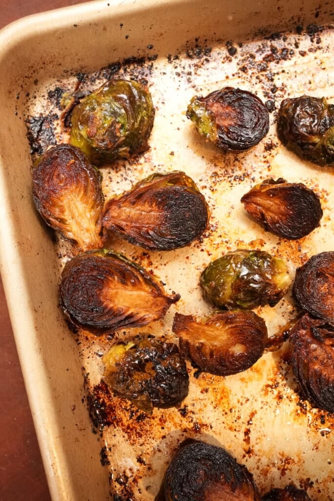 roasted brussels sprouts on a baking tray