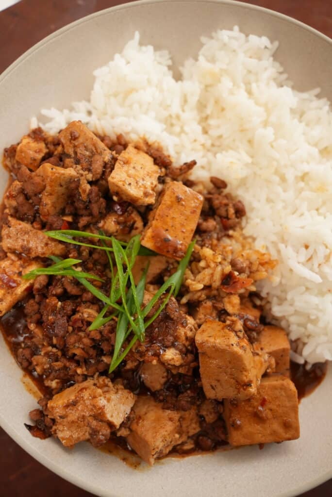 Close up of mapo tofu on a plate