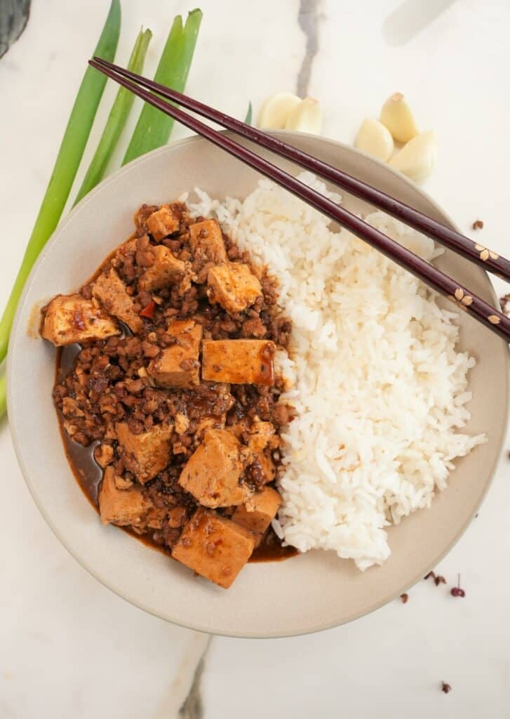 Mapo tofu on a plate with white rice.