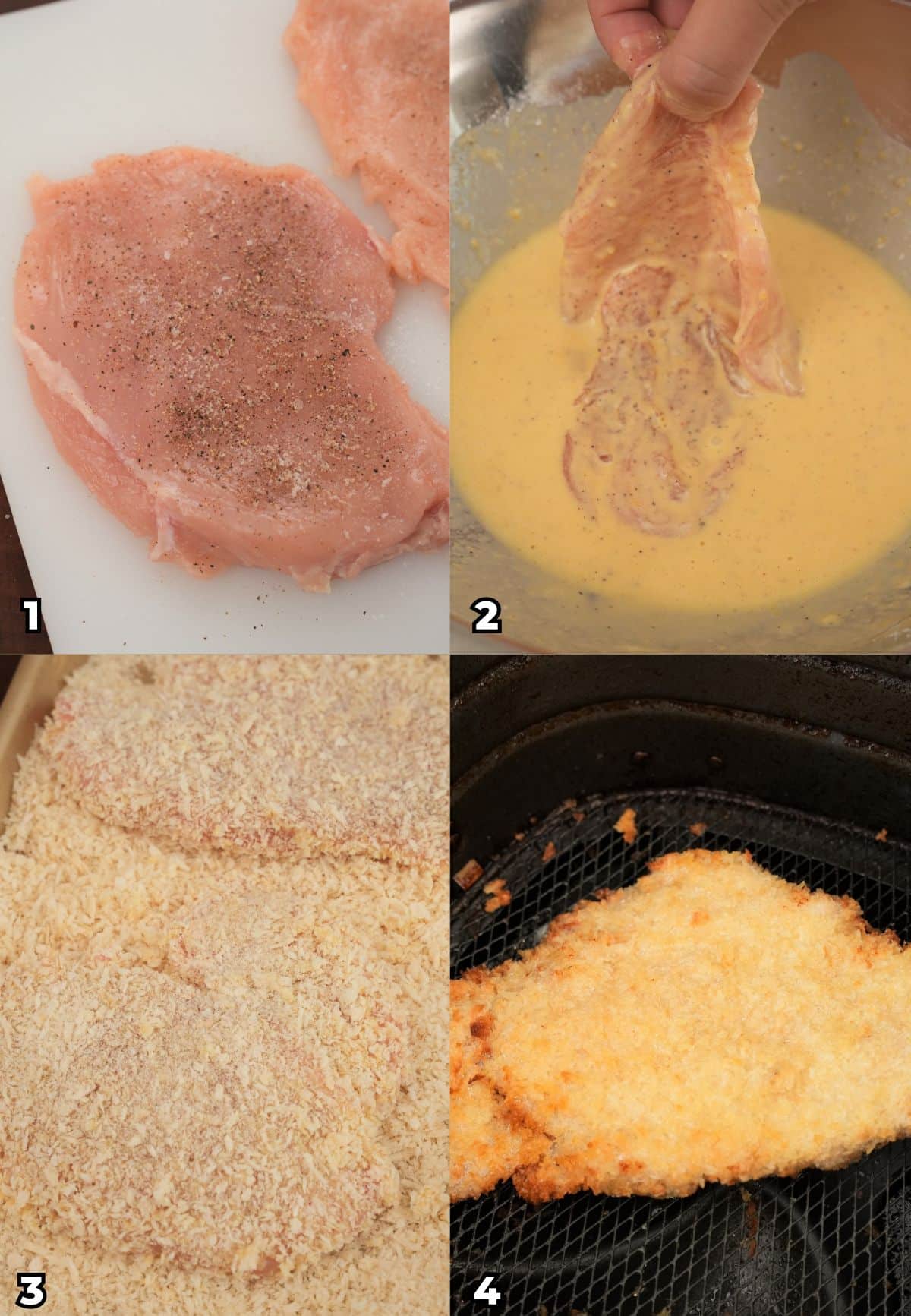 A 4 photo collage showing key cooking steps of how to make crispy air fryer chicken katsu.