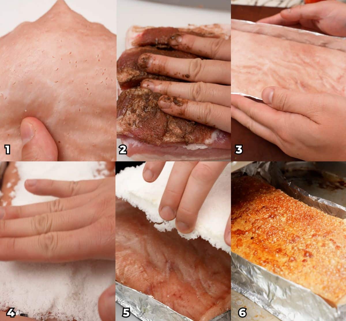 A 6 photo collage showing key cooking steps on how to make a Chinese crispy pork belly (Siu Yuk).