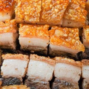 A Chinese Crispy Pork Belly cut into pieces on a decorative Chinese plate.