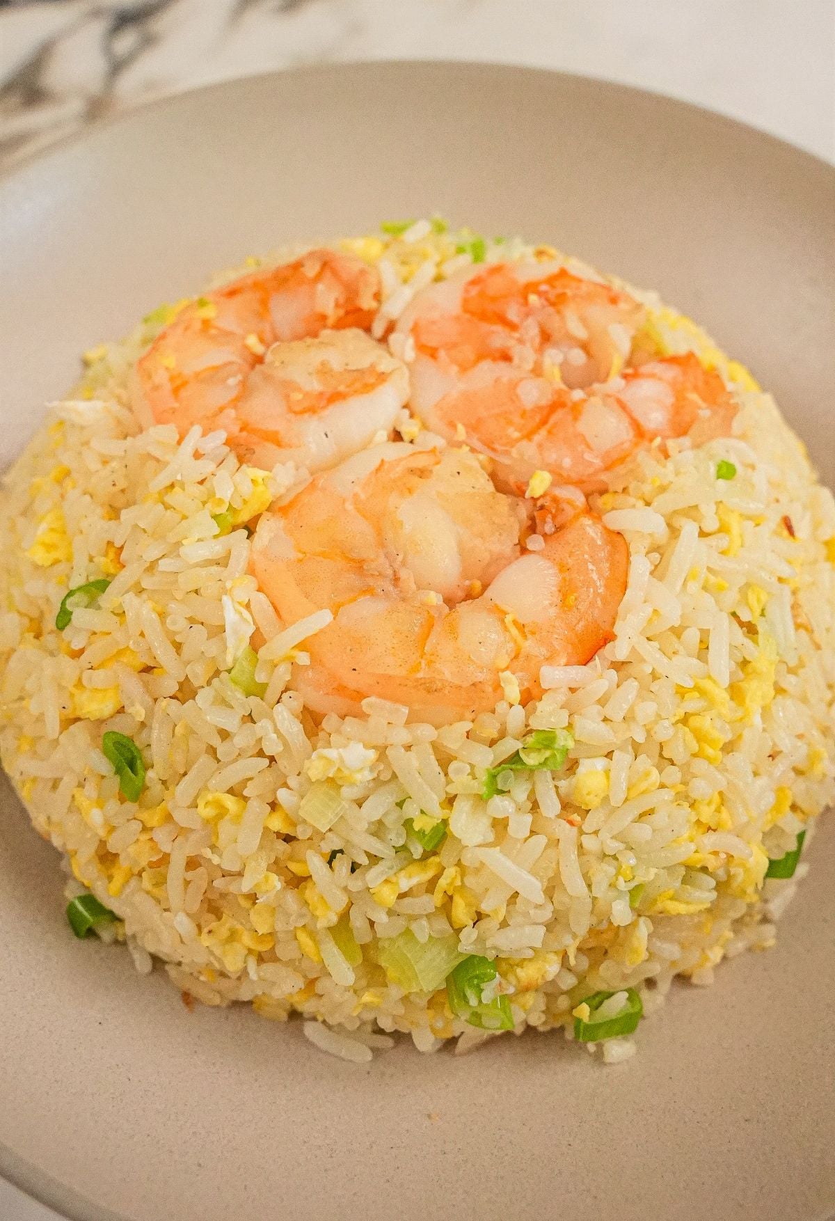 A bowl of copycat Din Tai Fung Fried Rice with Shrimp in a grey bowl.