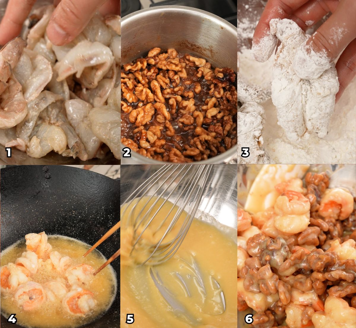 A 6 photo collage showing key cooking steps of how to make Honey Walnut Shrimp.