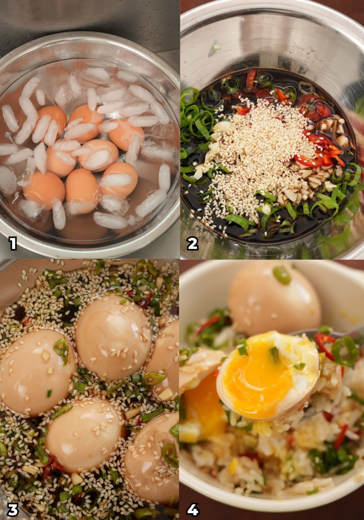 A 4 photo collage showing key cooking steps on how to make Korean Marinated Eggs (Mayak Eggs) at home.