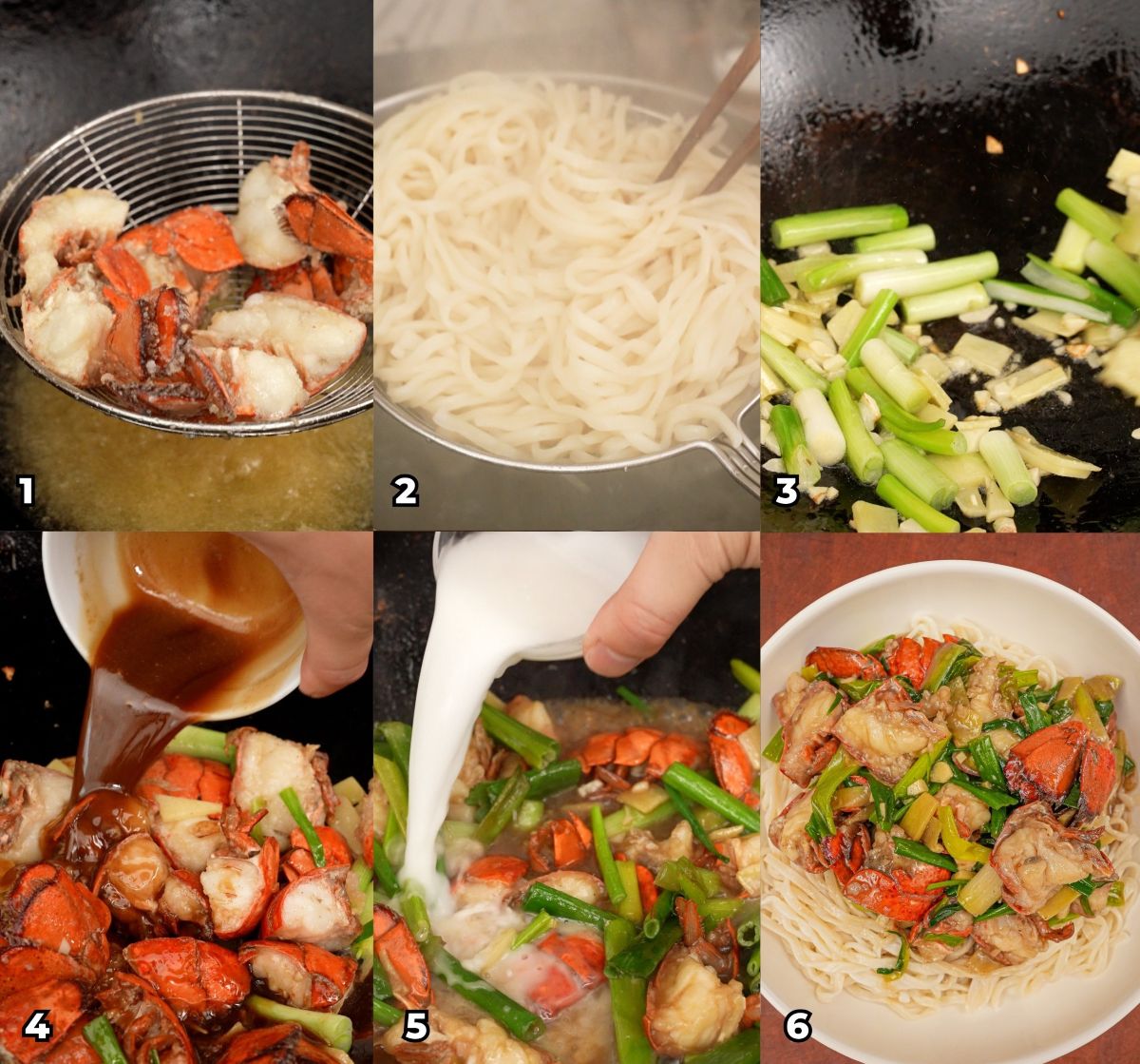 A 6 photo collage showing key cooking steps on how to make authentic Chinese Lobster Noodles (Lobster Yee Mein) at home.