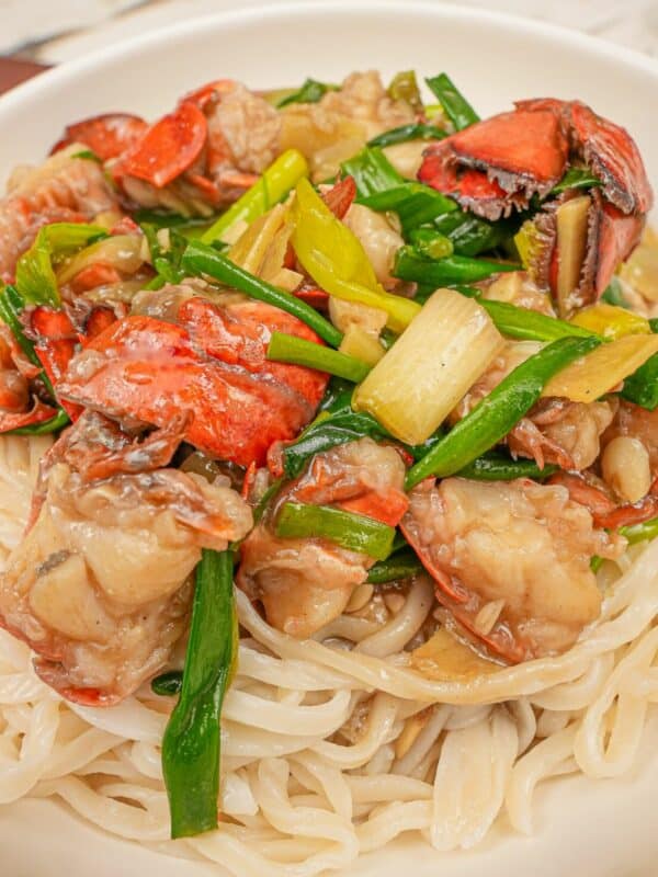 Chinese Lobster noodles (Lobster Yee Mein) in a large white bowl.