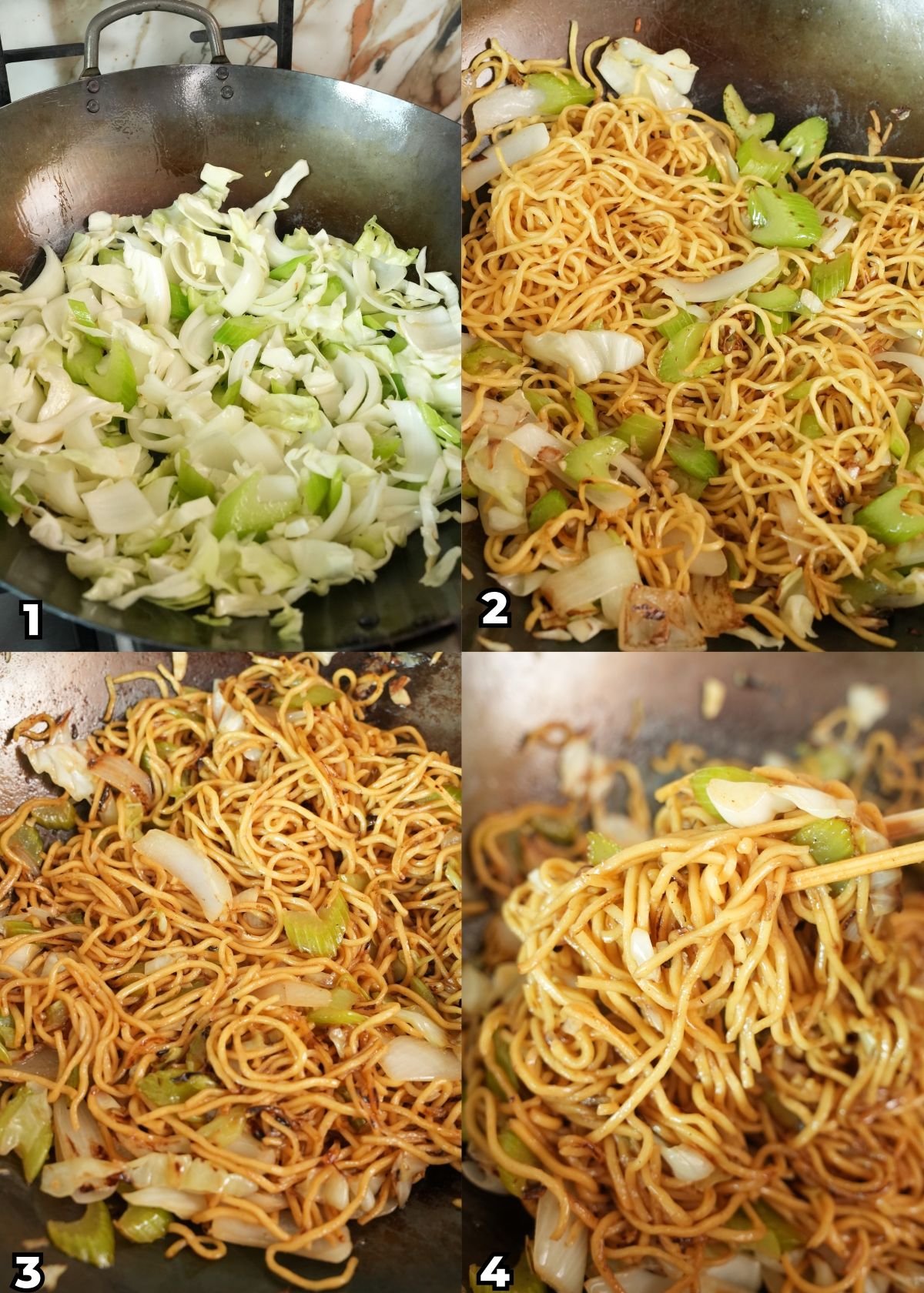A 4 photo collage of key cooking steps of how to make Panda Express Chow Mein at home.