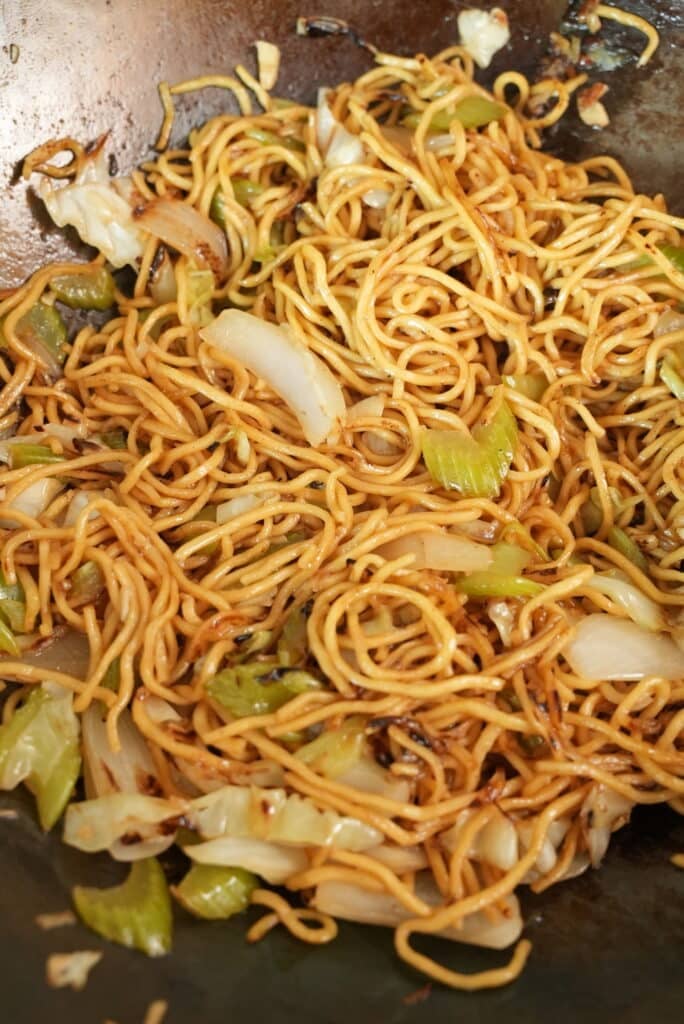 Panda express chow mein in a wok.