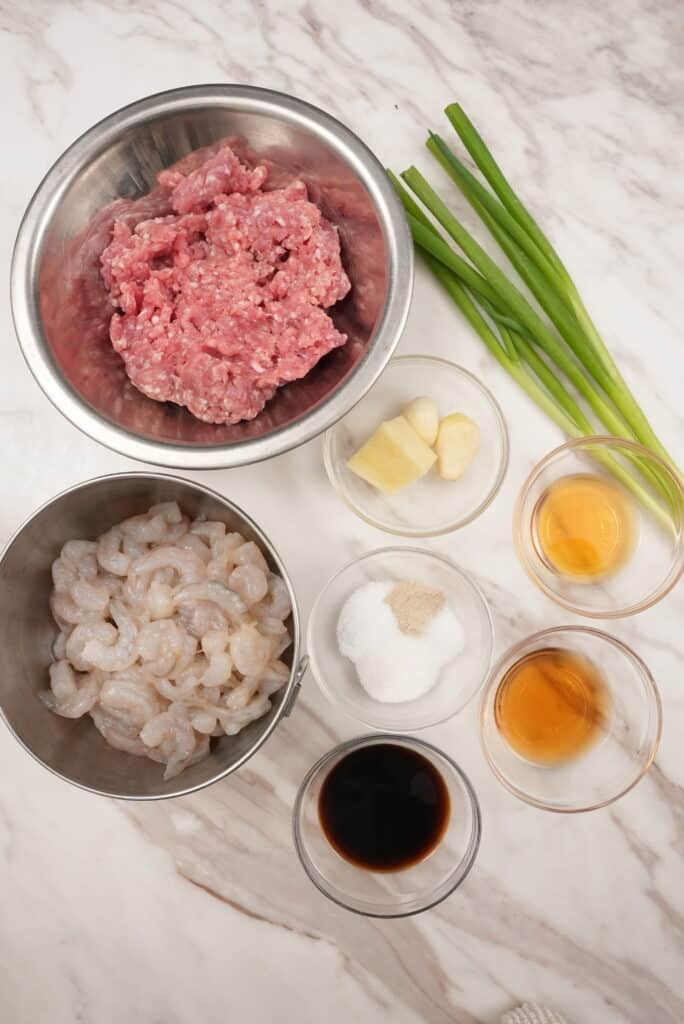 Raw ingredients for pork and shrimp wontons.