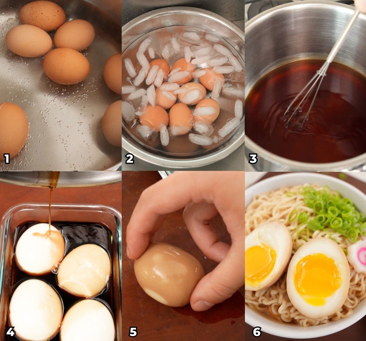 A 6 photo collage showing key cooking steps on how to make authentic Ramen Eggs at home.