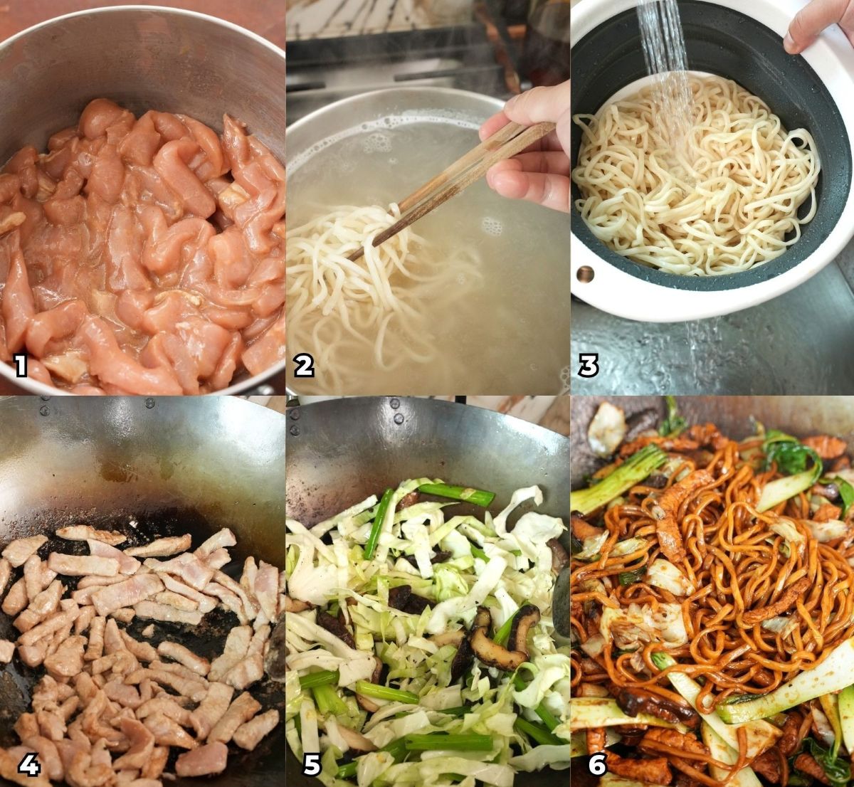 A 6 photo collage showing the key cooking steps of how to make authentic Shanghai Fried Noodles with pork.
