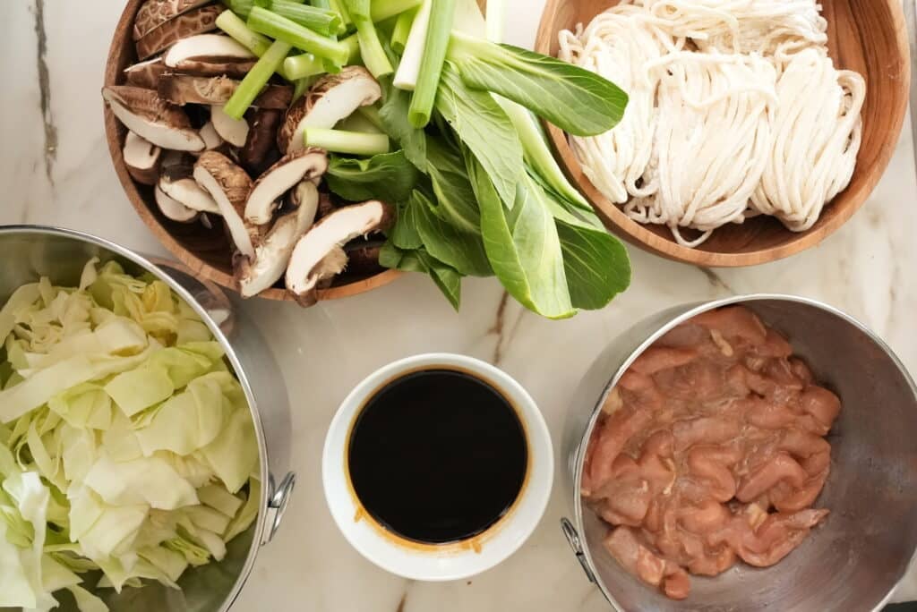 prepped ingredients for shanghai fried noodles
