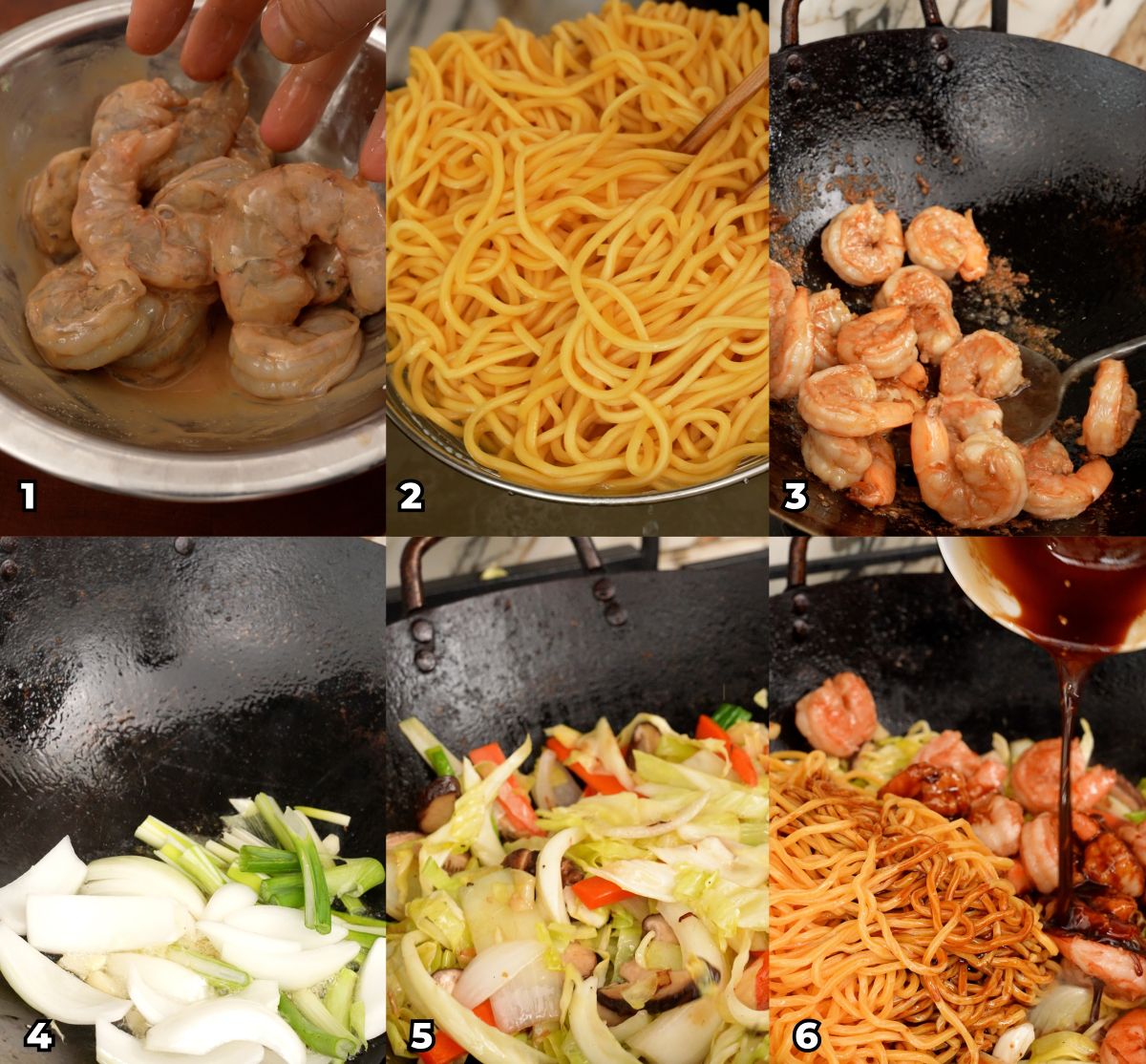 A 6 photo collage on how to make authentic Shrimp Lo Mein at home.