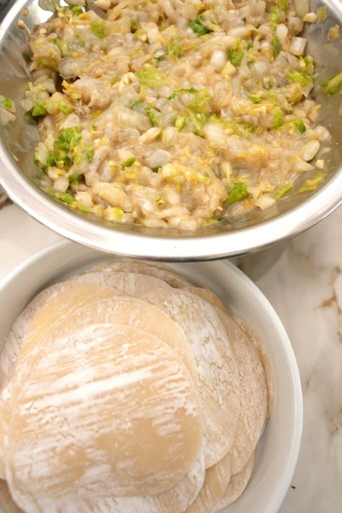 dumpling filling and wrappers in a bowl