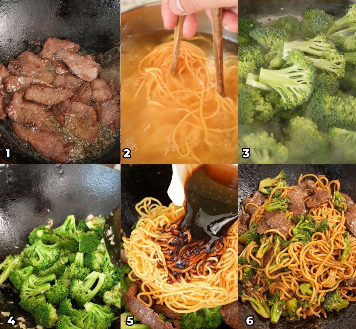 A 6 photo collage showing key cooking steps on how to make Beef and Broccoli noodles at home.