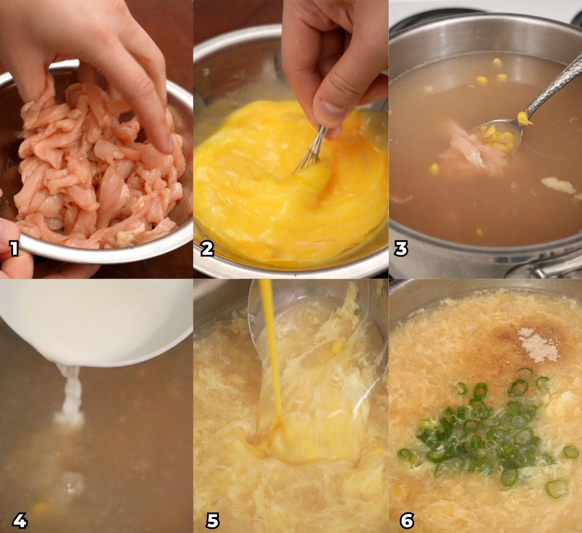 A 6 photo collage showing key cooking steps on how to make Chicken Corn Egg Drop Soup at home.