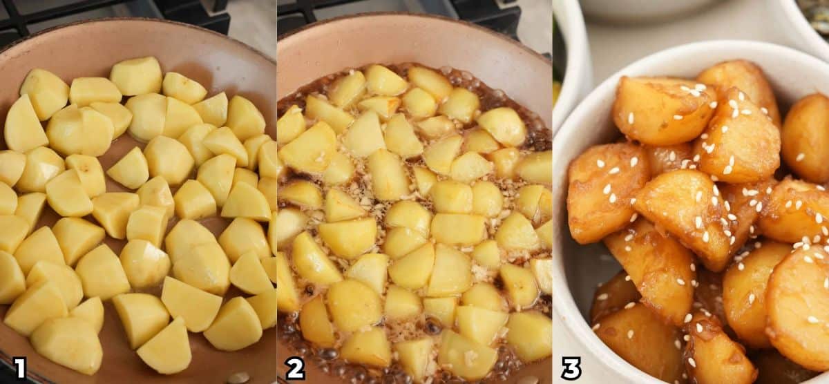 A 3 photo collage on how to make Korean Braised Potatoes at home.