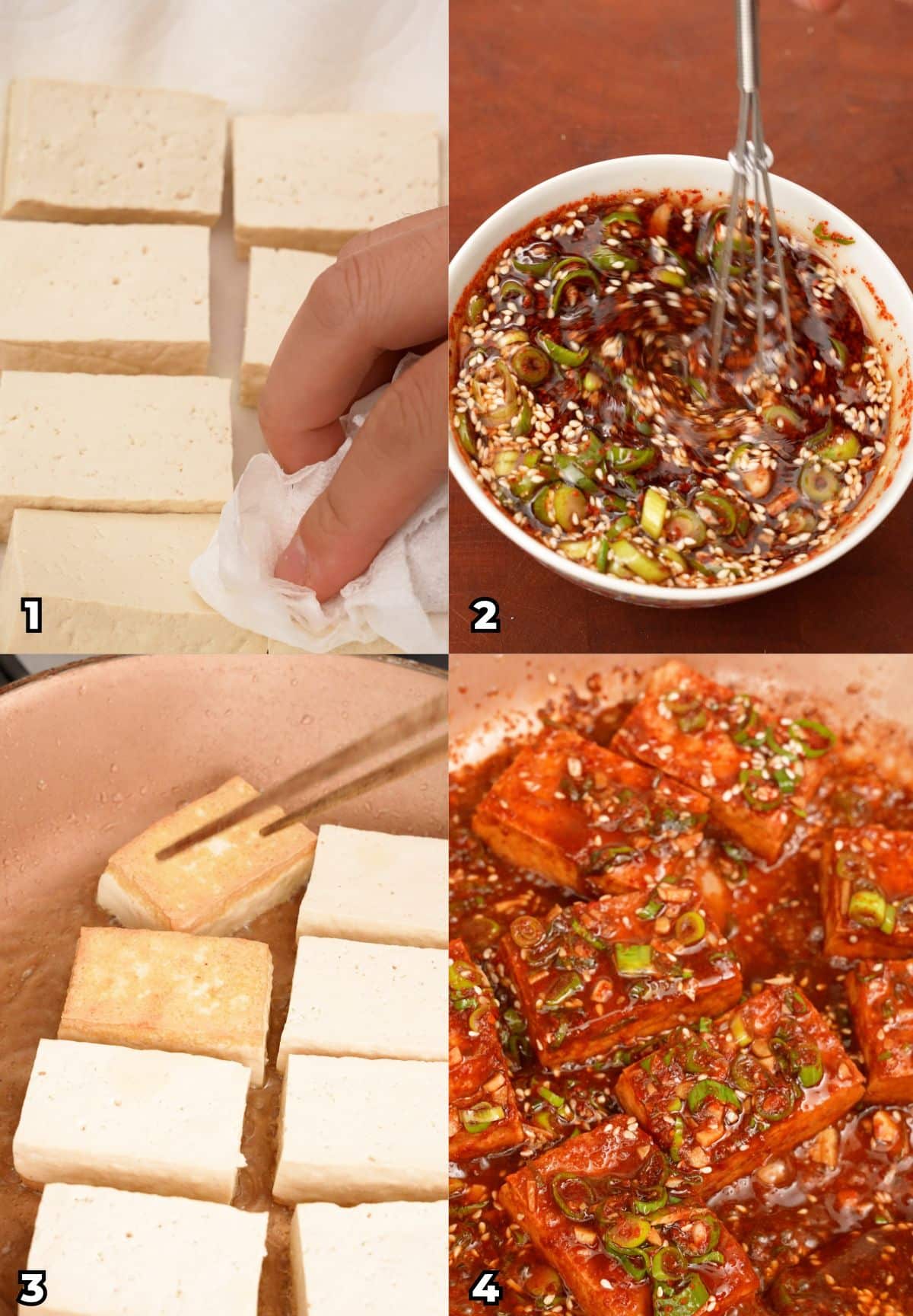 A 4 photo collage of key cooking steps of how to make Korean Braised Tofu (Dubu Jorim).