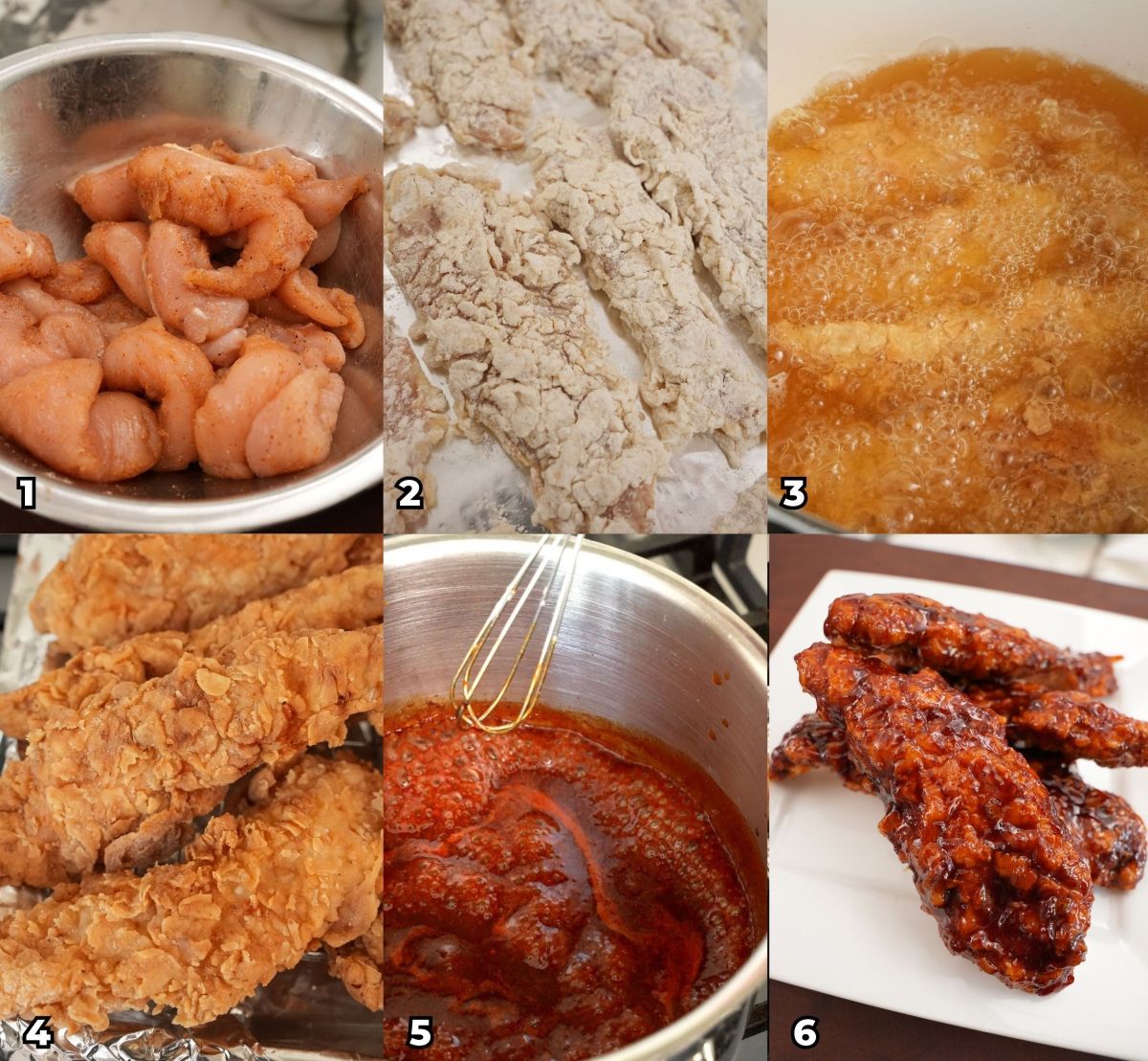 A 6 photo collage showing key cooking steps on how to make a Korean Fried Chicken at home.

