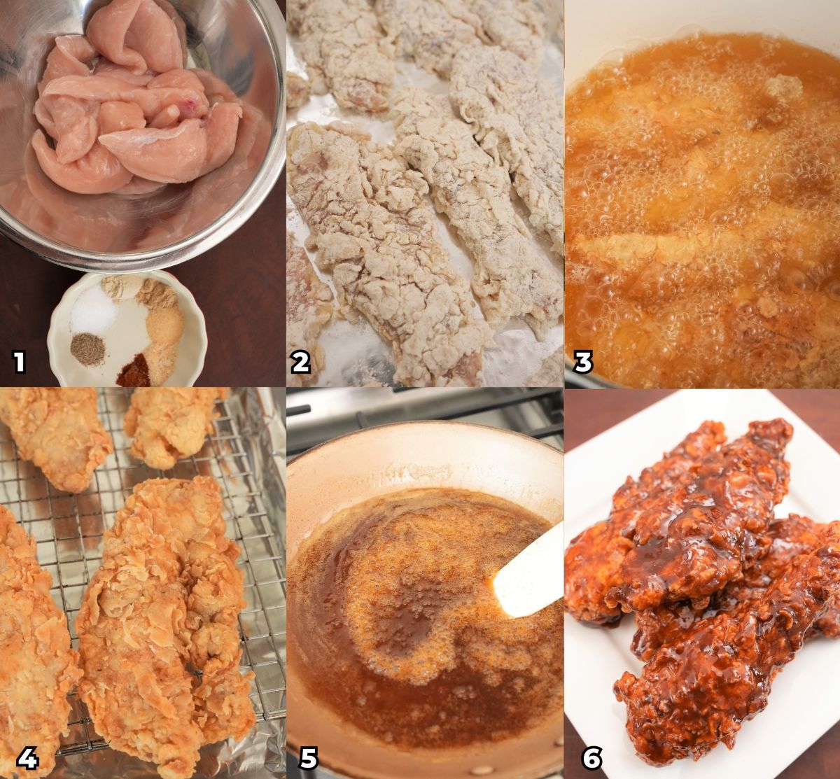 A 6 photo collage of key cooking steps showing how to make Korean Honey Butter Fried Chicken at home.
