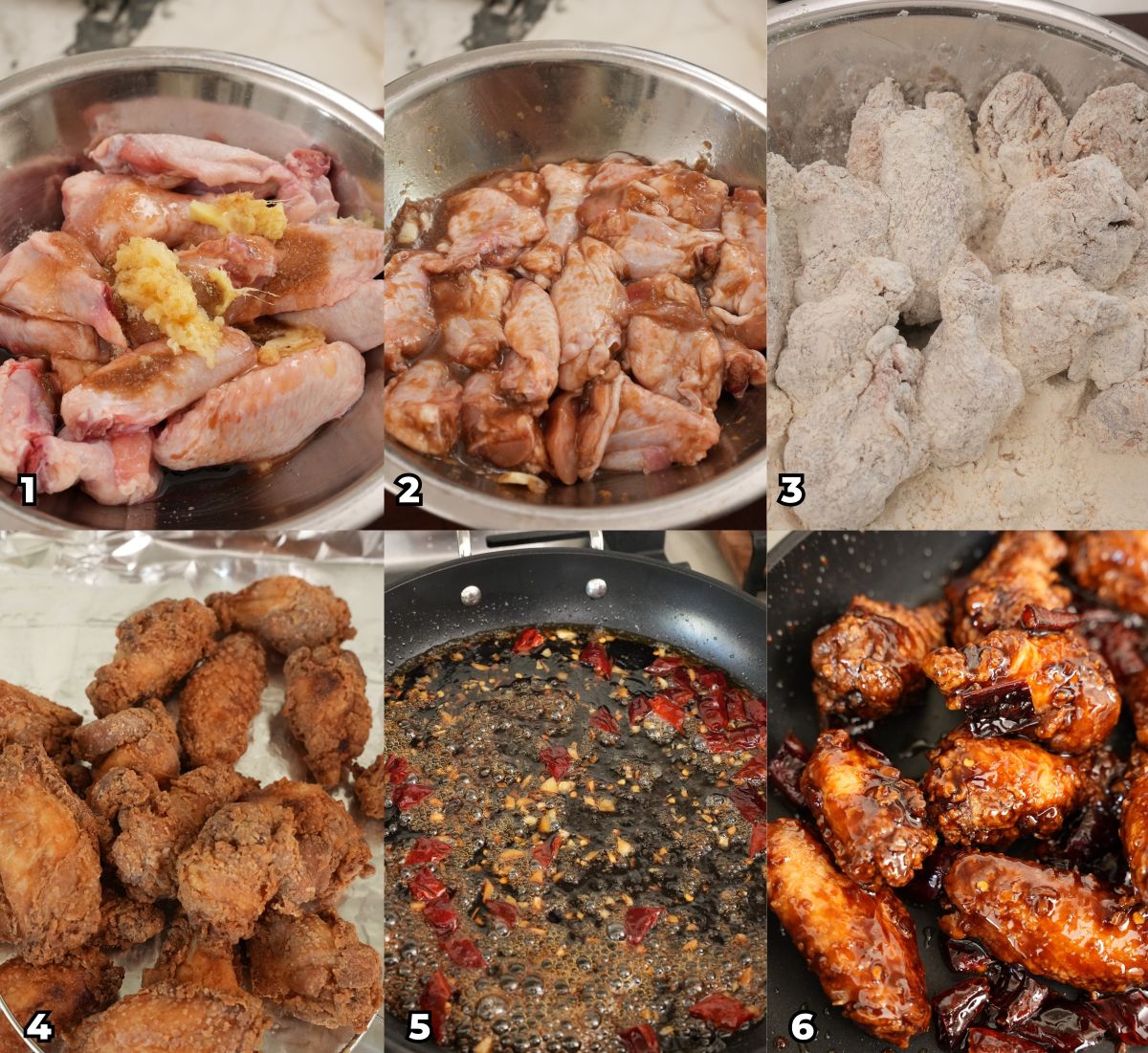 A 6 photo collage showing key cooking steps on how to make Korean Soy Garlic Wings.