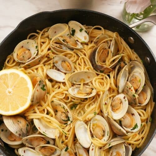 linguine with clams in a pan