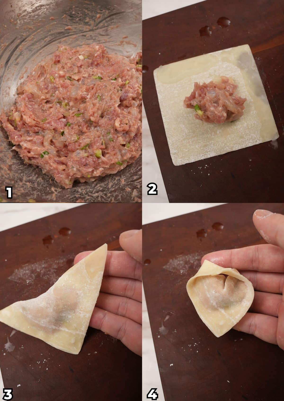 A 4 photo collage showing key cooking steps on how to make and fold authentic chinese pork and shrimp wontons.
