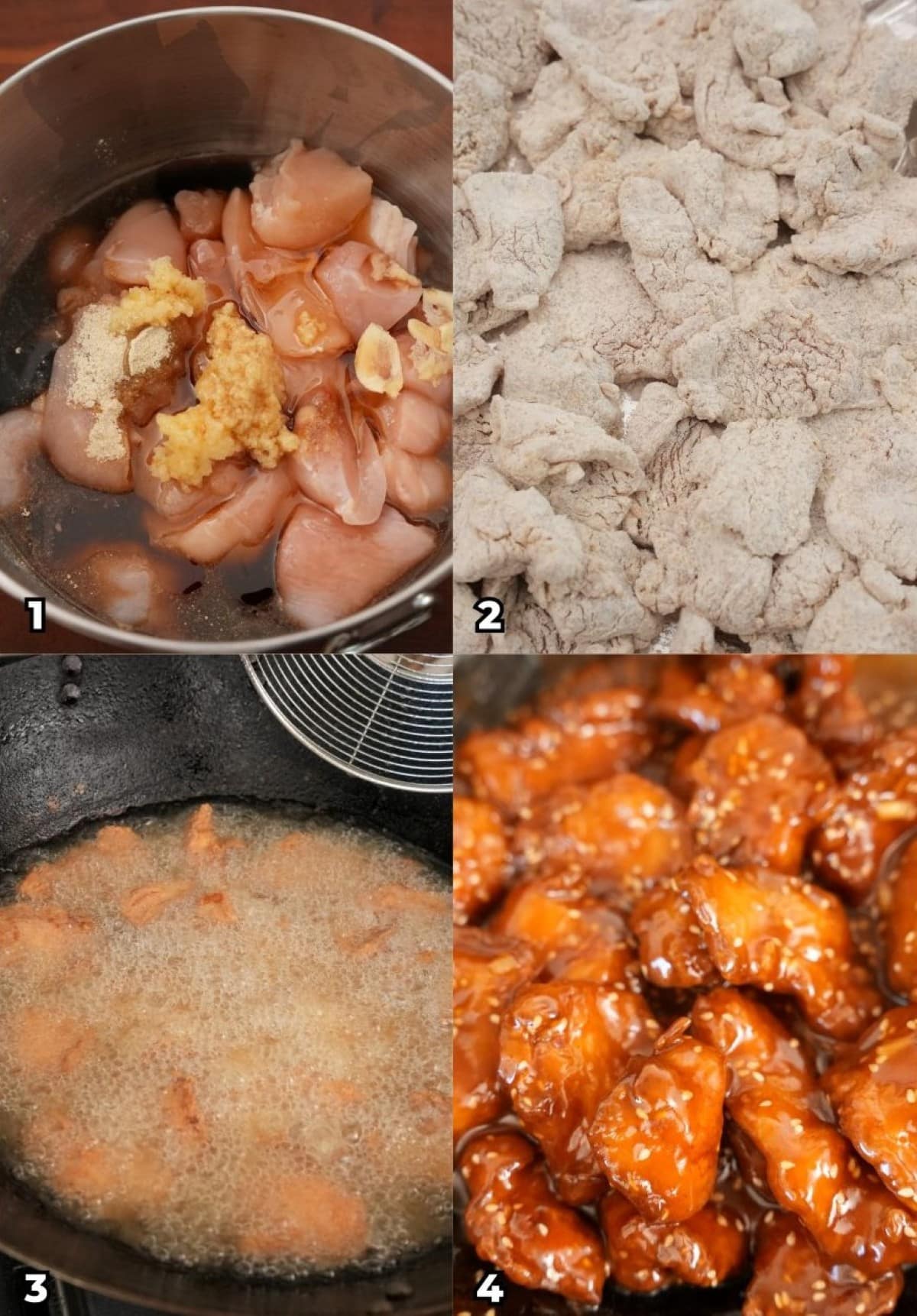 A 4 photo collage showing key cooking steps on how to make authentic takeout Sesame Chicken at home.