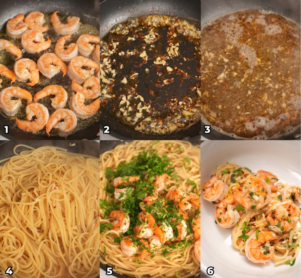 A 6 photo collage of cooking steps showing how to make Shrimp Scampi Pasta including sauteing the shrimp, cooking the aromatics, adding white wine, lemon juice, and the pasta, then mixing the shrimp and herbs in until a creamy sauce is formed.