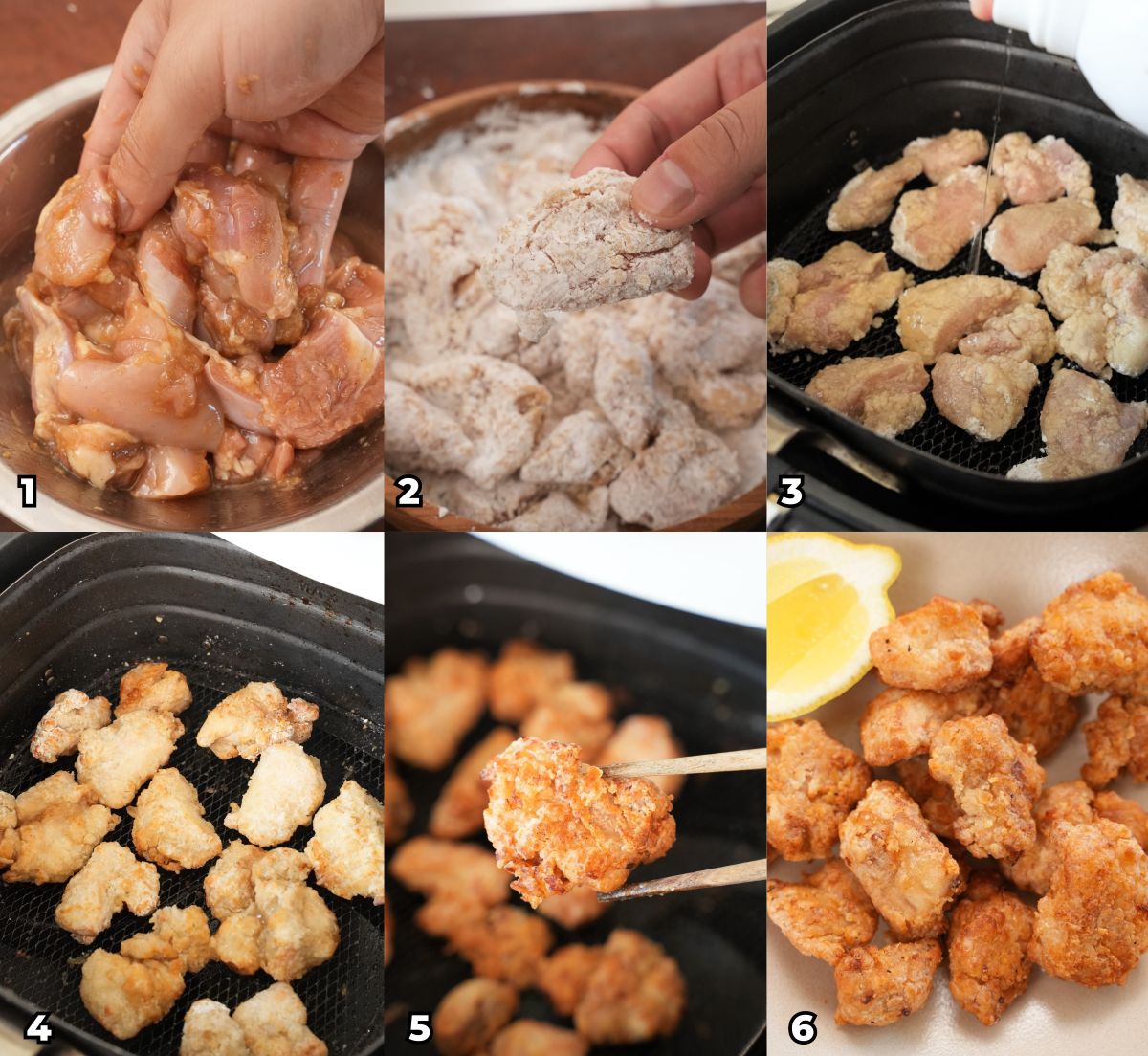 A 6 photo collage showing key cooking steps on how to make Air Fryer Chicken Karaage (Japanese Fried Chicken) at home.