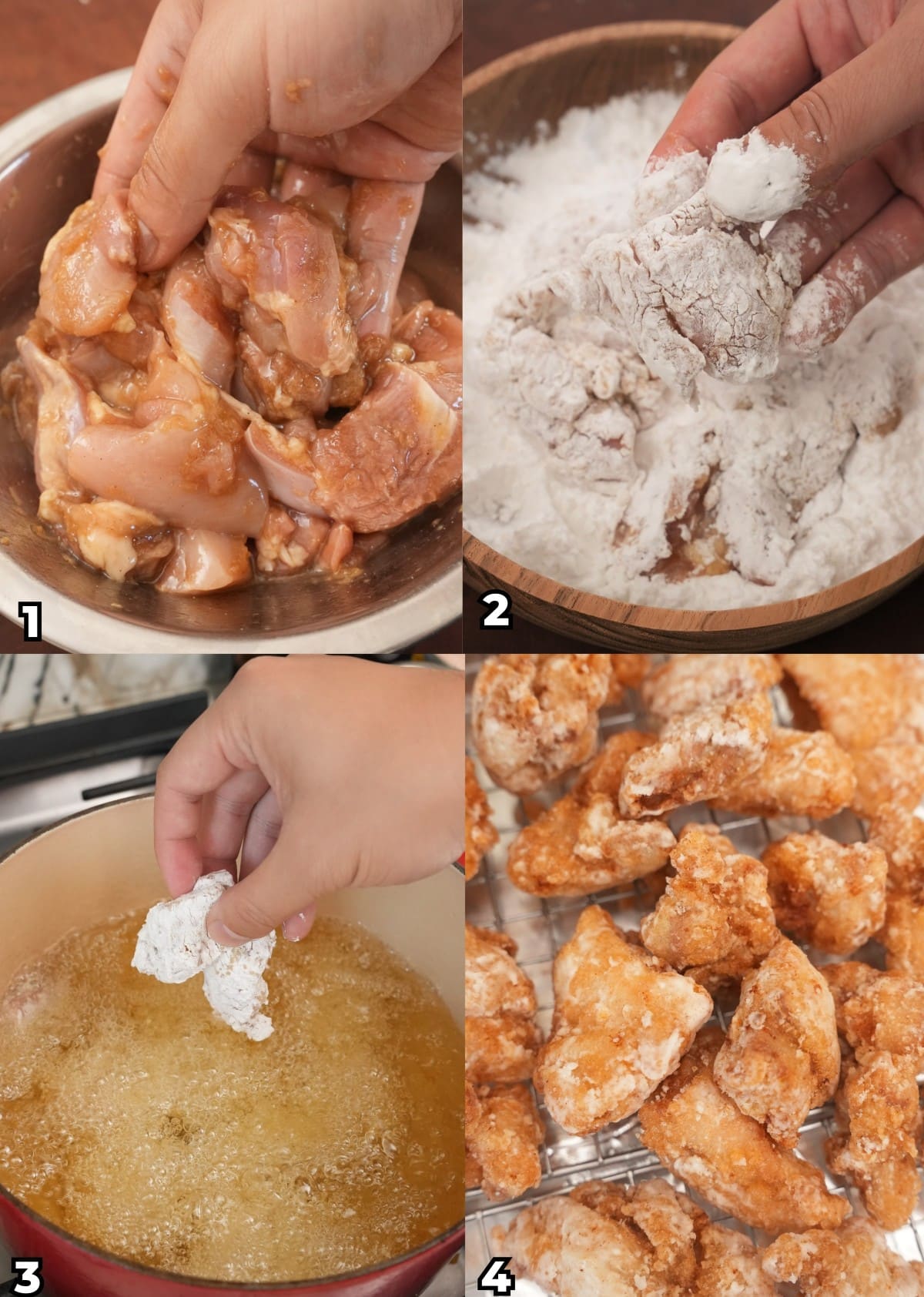 A 4 photo collage of key cooking steps on how to make Japanese Fried Chicken Karaage at home.
