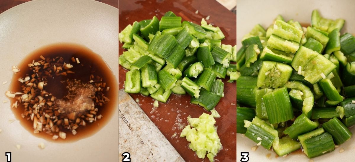 A 3 photo collage showing key cooking steps on how to make a Chinese Smashed Cucumber Salad.