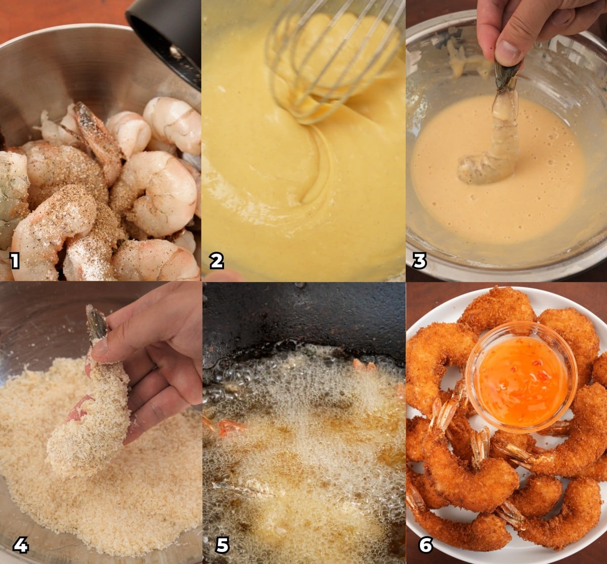 A 6 photo collage showing key cooking steps on how to make Coconut Shrimp at home.