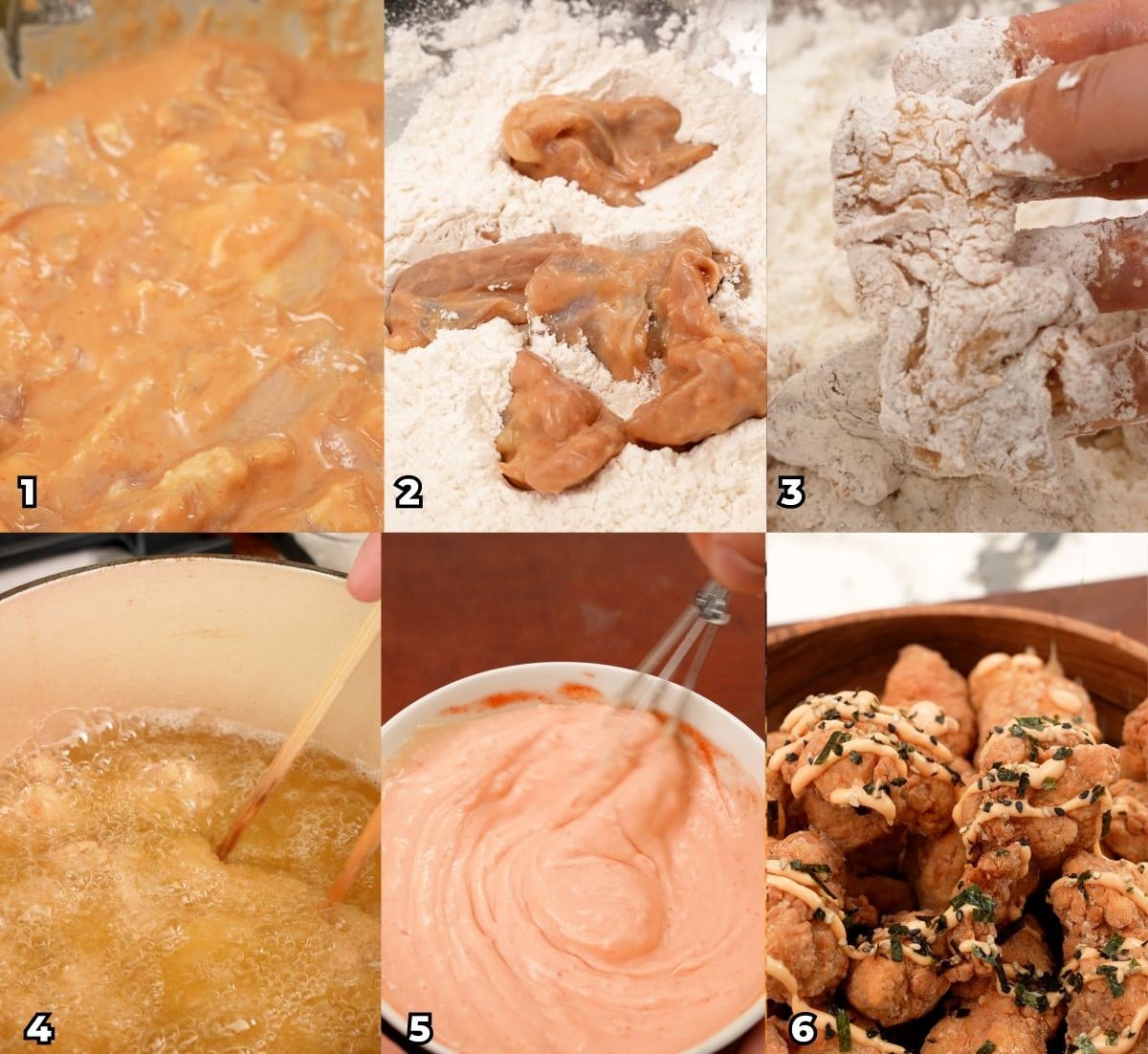 A 6 photo collage showing key cooking steps on how to make Mochiko Fried Chicken at home.