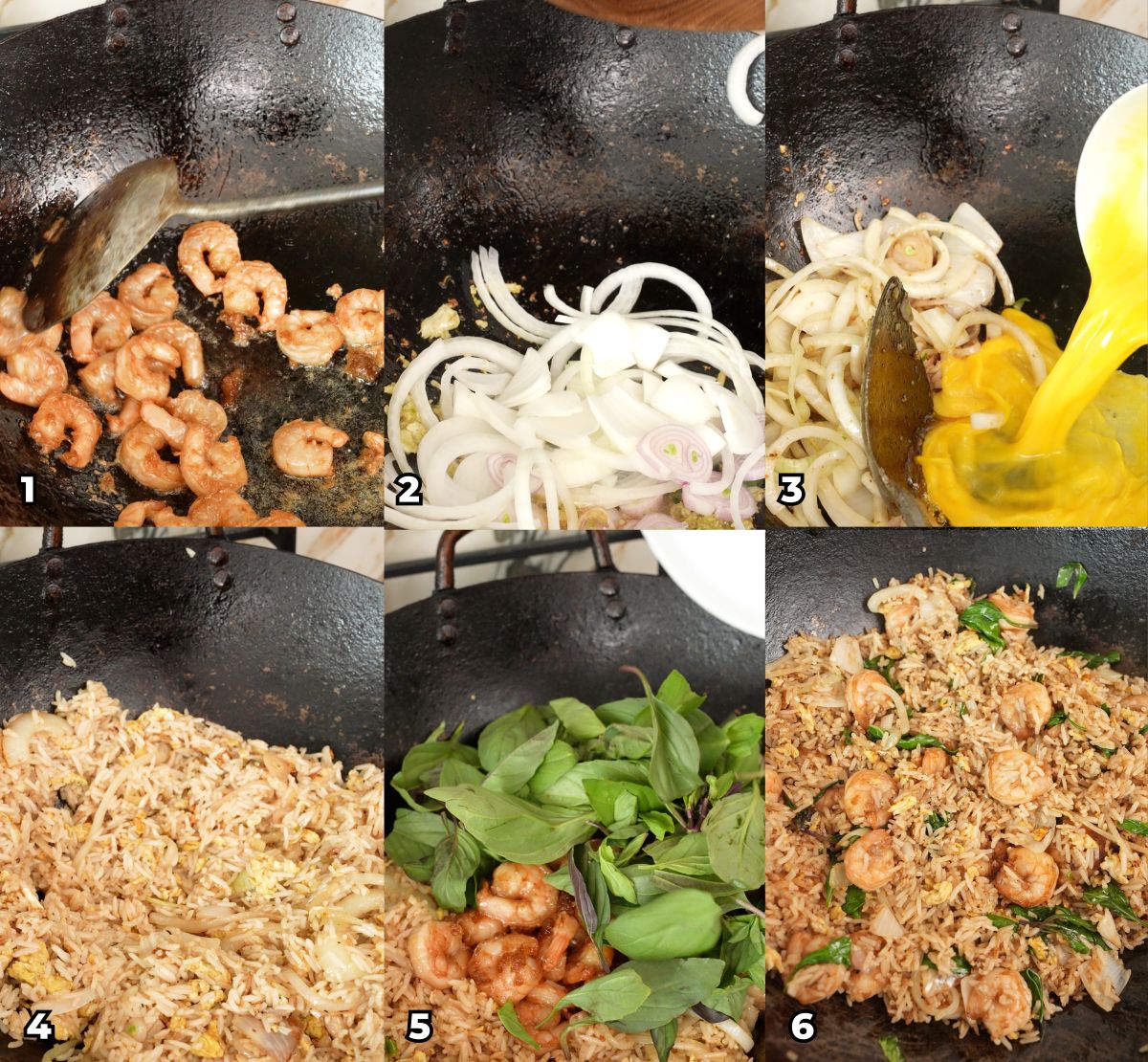 A 6 photo collage showing key cooking steps on how to make Thai Basil Fried Rice at home.