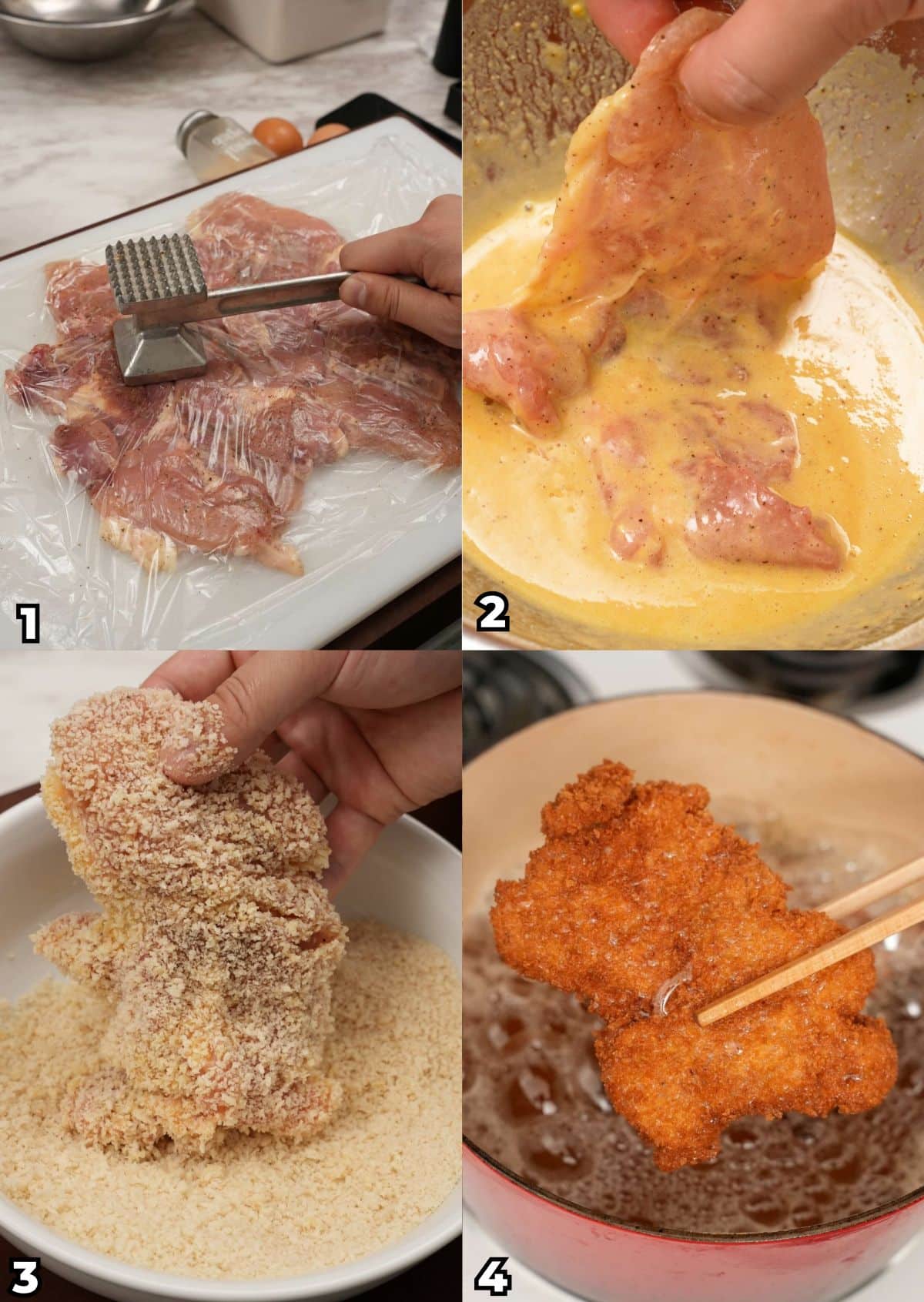 A 4 photo collage of how to make crispy chicken katsu. Pound out the chicken, coat in seasoned egg wash, cover with panko breadcrumbs, and fry until golden and crispy.