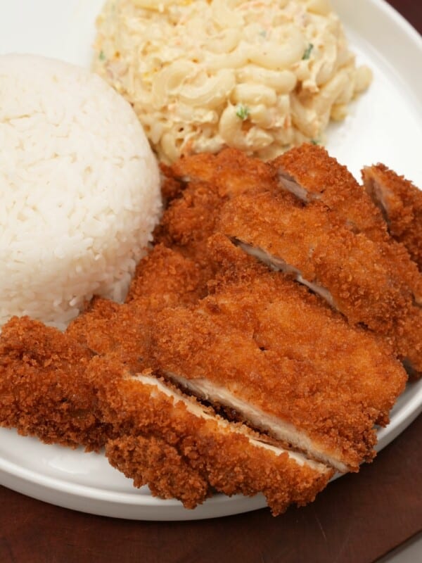 Chicken Katsu plated with rice and mac salad