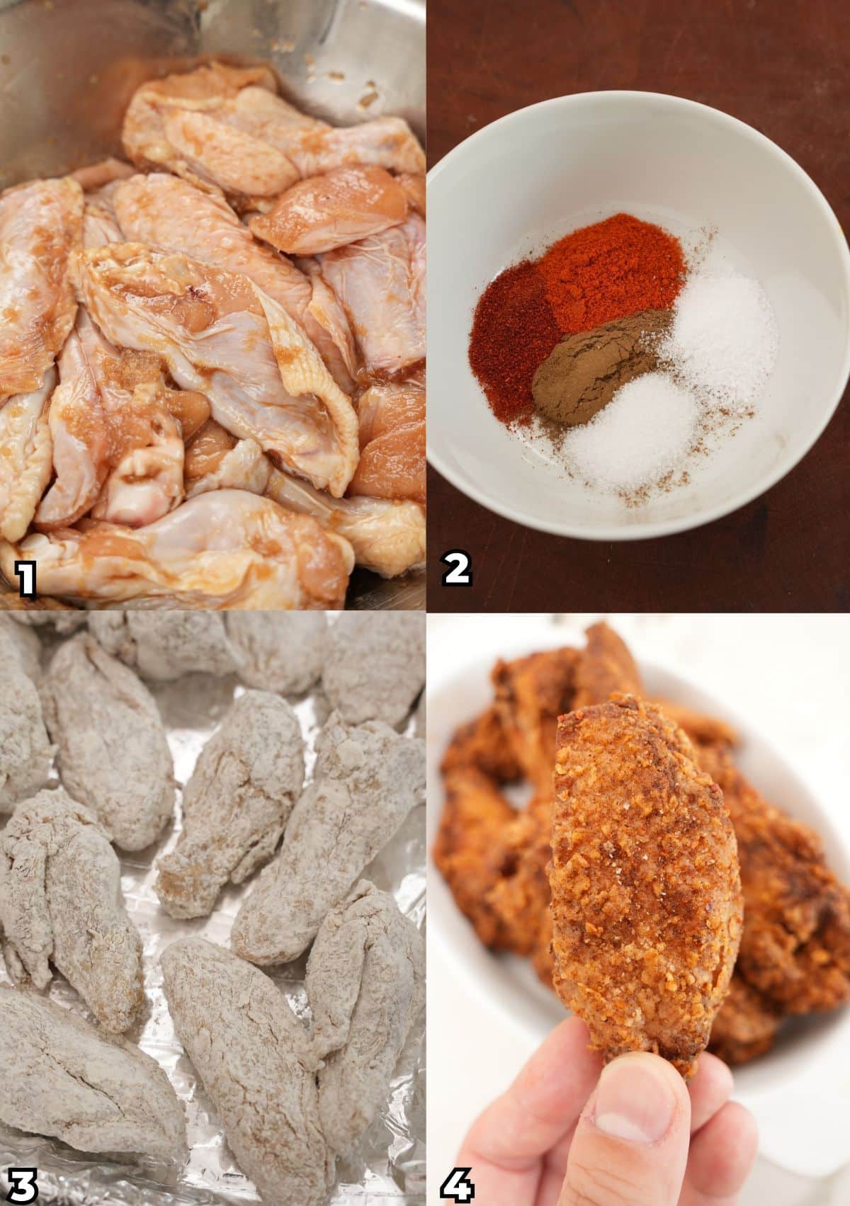 A 4 photo collage showing key cooking steps on how to make Crispy Five Spice Chicken Wings.