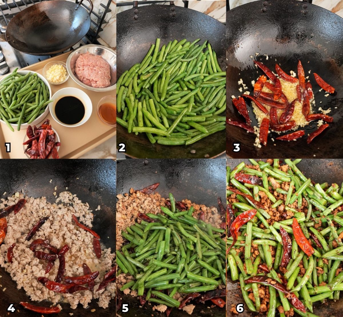 A 6 photo collage showing key cooking steps on how to make Chinese Green Beans with Pork at home.