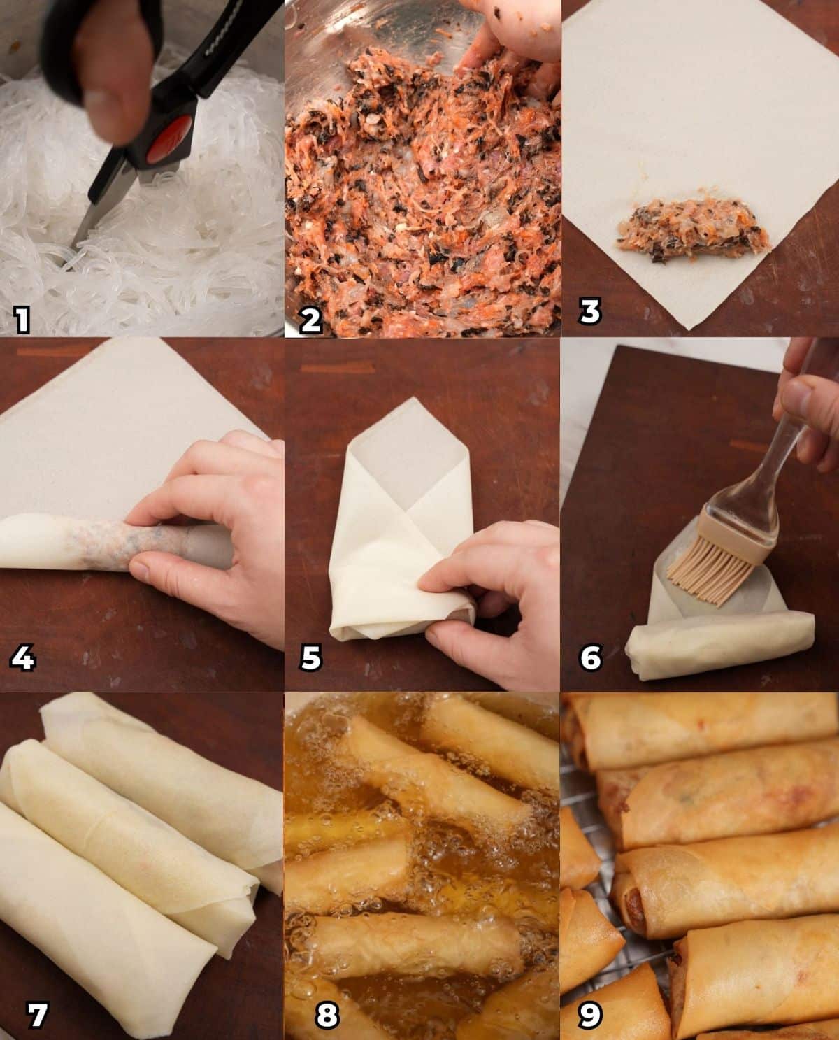A 9 photo collage showing key cooking steps on how to make a crispy egg rolls (Vietnamese-style) at home.
