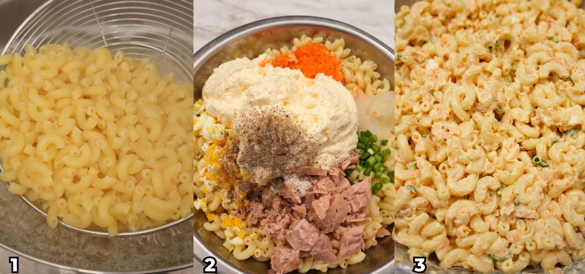A 3 photo collage of cooking steps to make an authentic Hawaiian Macaroni Salad at home, including boiling the macaroni, mixing the ingredients and chilling the macaroni salad.