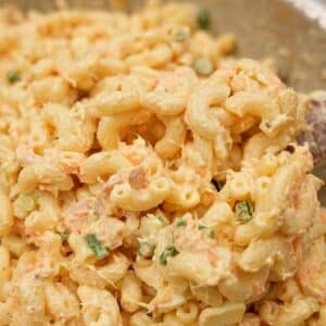 Hawaiian Macaroni Salad in a bowl with a apoon.