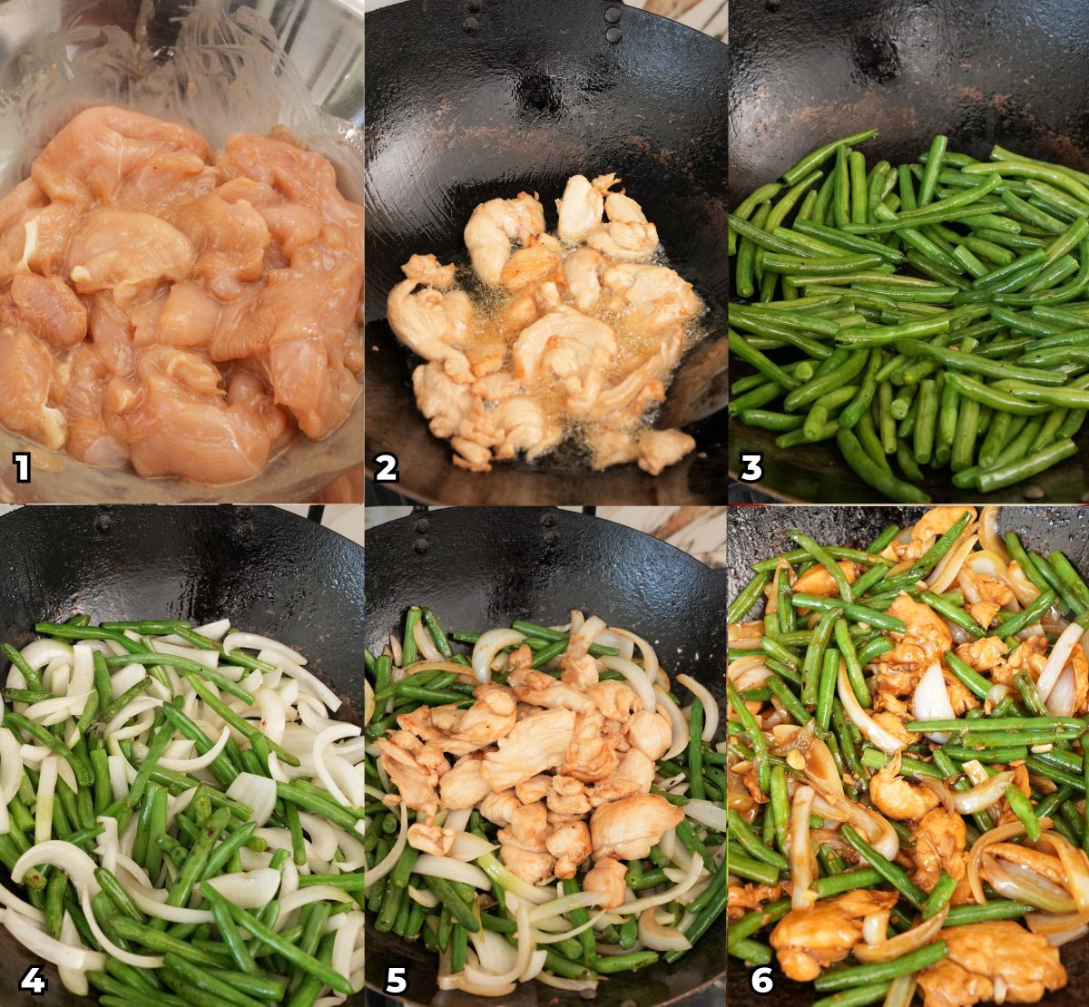 A 6 photo collage showing key cooking steps on how to make copycat Panda Express String Bean Chicken Breast.
