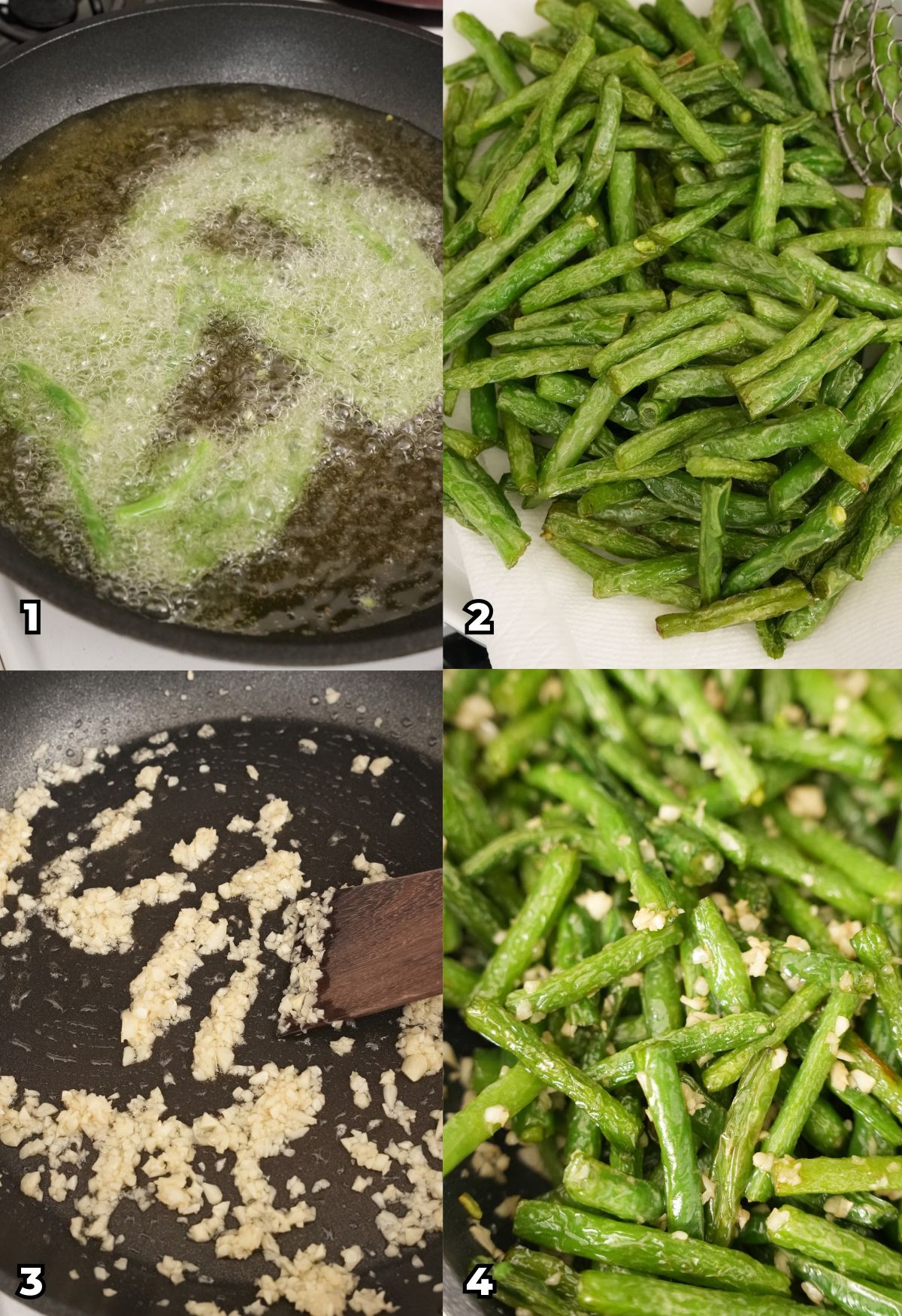 A 4 photo collage showing key cooking steps on how to make copycat Din Tai Fung Green Beans at home.