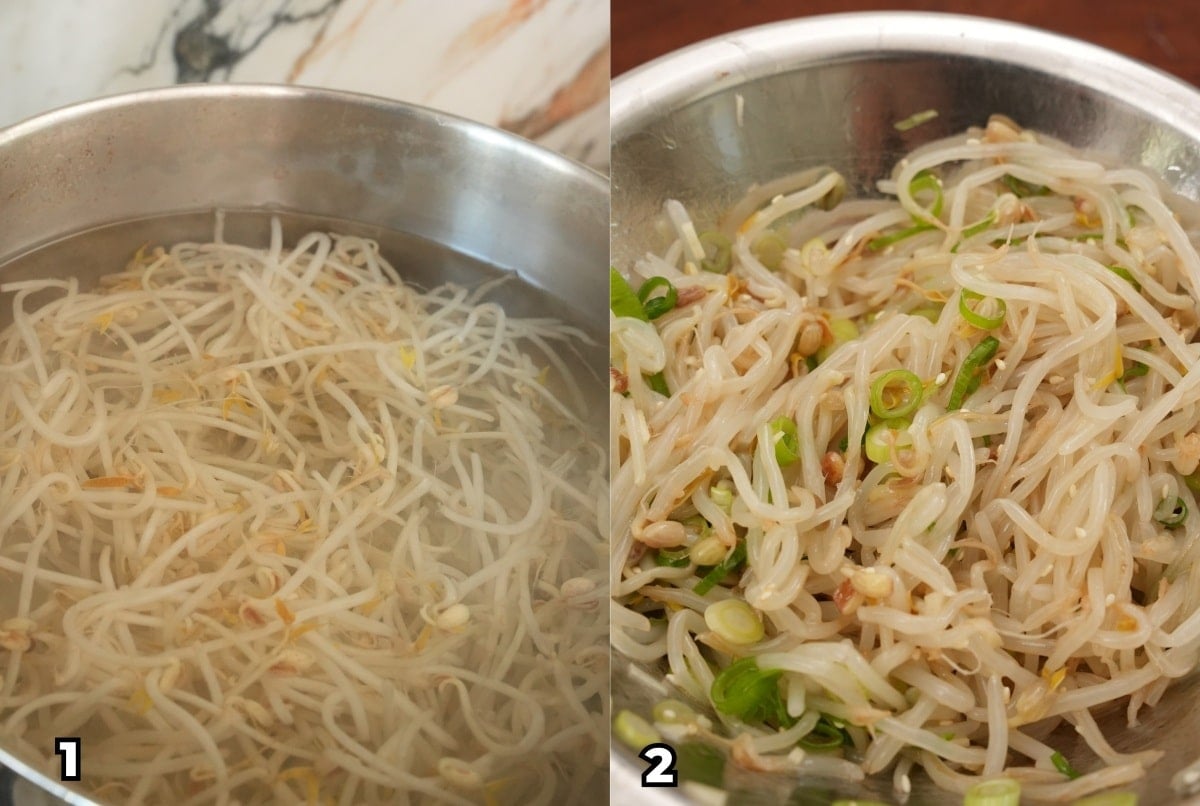 A 2 photo collage of key cooking steps on how to make Korean bean sprouts at home including blanching the bean sprouts and marinating them in a bowl with sesame oil, scallions, and other ingredients.